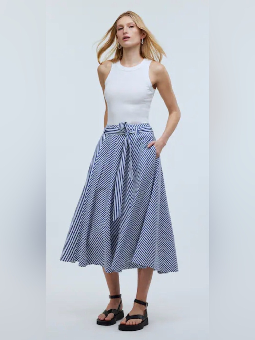 Poplin Flared Midi Skirt in Stripe